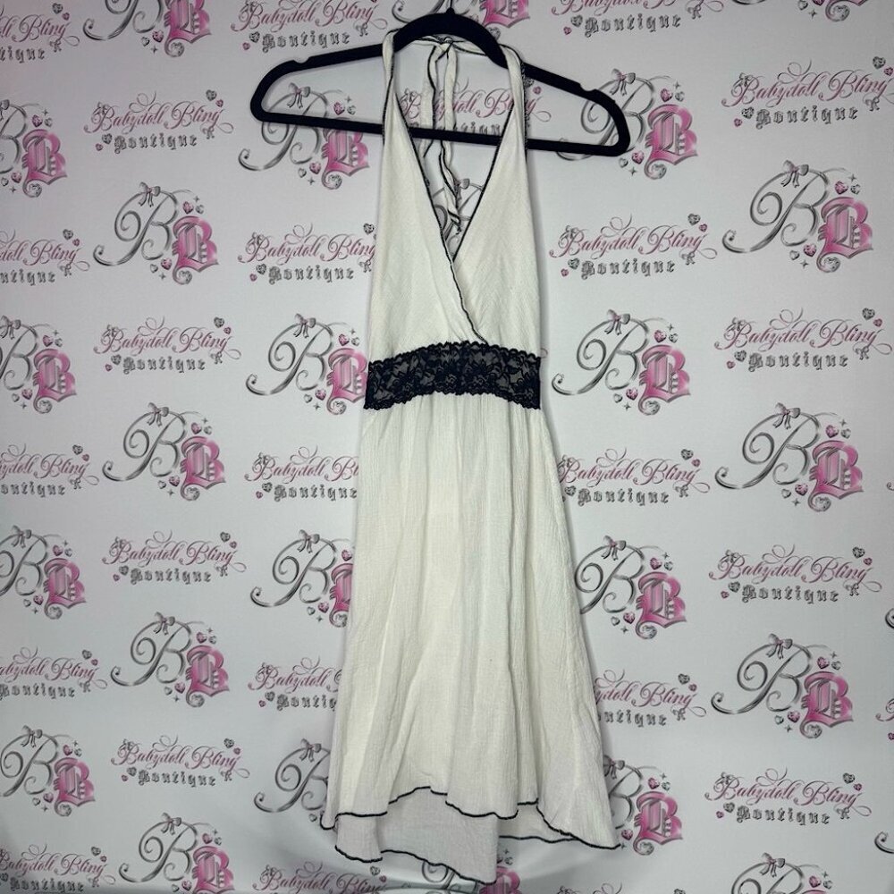 White Halter Dress with Black Lace Detail retro pin up girl sexy Lacie trim